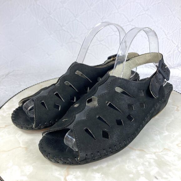 La Plume Shoes Womens 9.5 Black Suede Cutout Peep Toe Casual Walking Slingback - Picture 5 of 12